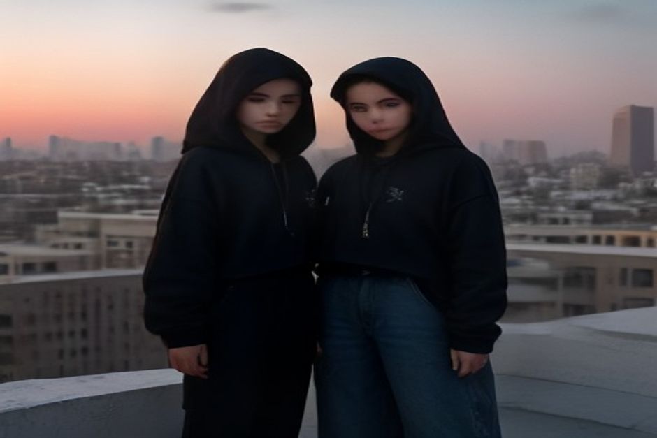 Two friends in hoodies on a Cairo rooftop at dusk