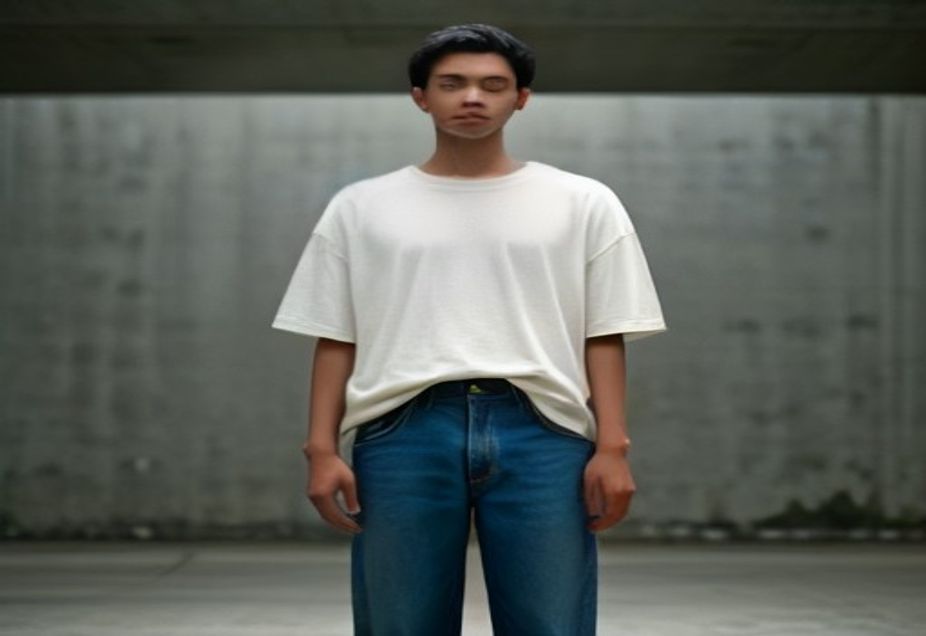 A young man in an oversized tee and baggy denim against a concrete wall