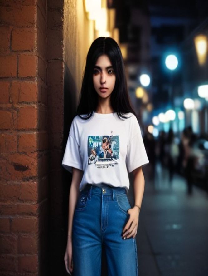 Graphic tee and baggy jeans on a Cairo street at night