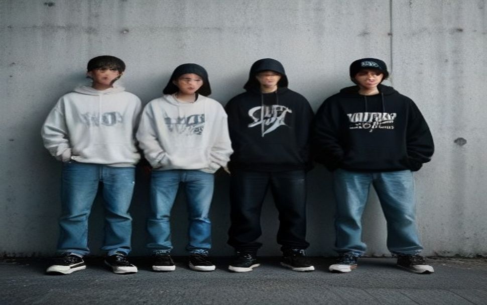 Four friends in oversized fits against a concrete wall